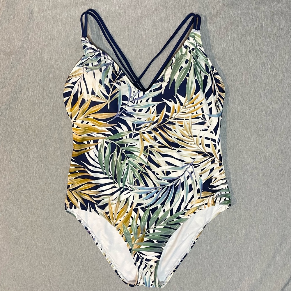 Hurley XXL Tropical Palm Print One Piece Swimsuit Criss Cross Back